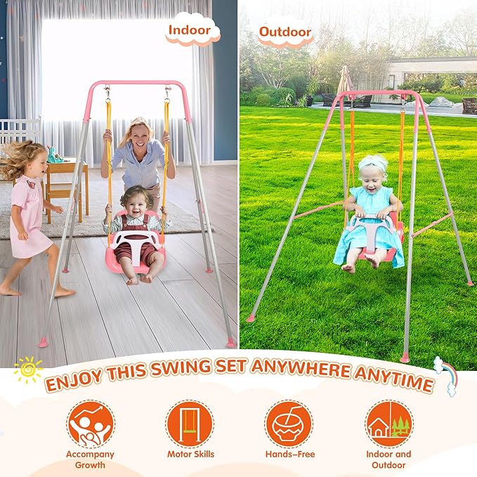 4-in-1 Swing Set & Baby Jumper and Bouncer for Toddler, Heavy Duty Baby Swing Set with Foldable Metal Stand for Indoor & Outdoor Play, Adjustable Swingset for Toddler (Pink)