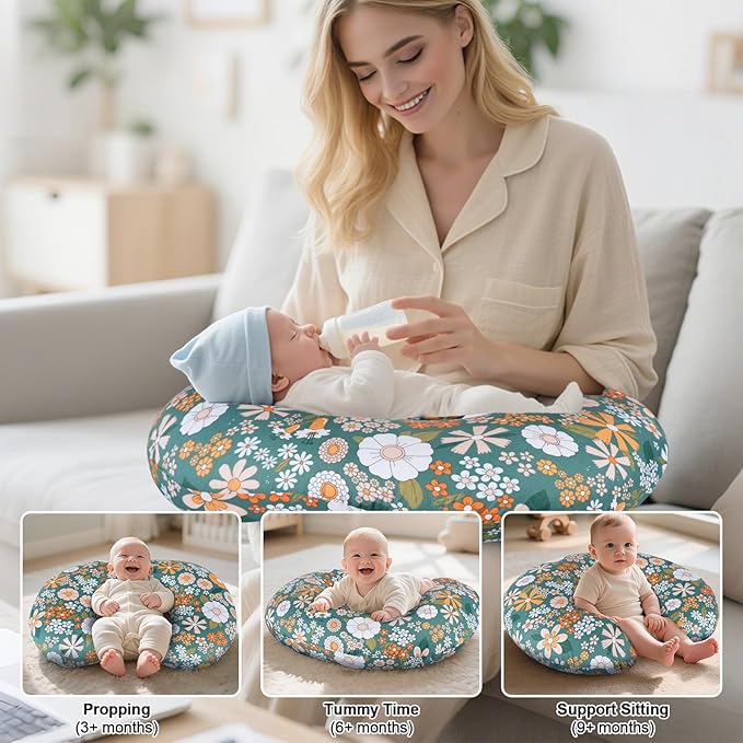 Nursing Pillow, Breastfeeding Pillow with Removable Cotton Cover, Baby Feeding Pillow for Mom Easier Breast Feeding and Bottle Feeding, Breastfeeding Support Cushion for Newborn (Flower Green)