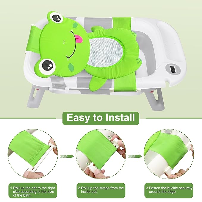 Baby Bath Seat Support Net, Quick Drying, Adjustable, Comfortable, Non-Slip, Infant Bathtub Sling Shower Mesh for a Tub, Soft Newborn Bath Mat (Green Frog)