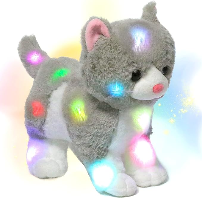 Hopearl LED Plush Kitty Lighting Up Stuffed Animal Cat Floppy Kitten Night Lights Glow in The Dark Birthday Festival for Kids Toddler Girls, Gray, 13.5''