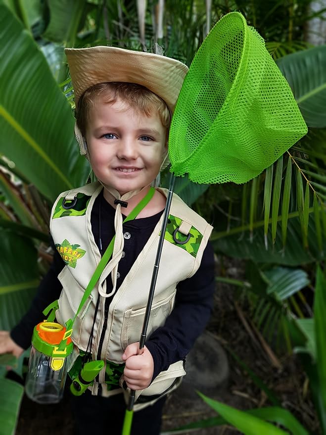 Bug Hunting Kit, Green Safari Vest, Hat, Binoculars, Lg. Butterfly Net, Bug Container, Whistle, Flashlight, Magnifier, Thermostat, Compass, Age 3+
