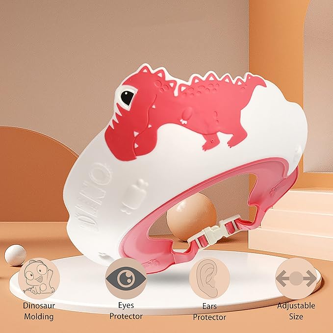 Baby Shower Cap Shield, Shower Cap for Kids, Visor Hat for Eye and Ear Protection for 0-9 Years Old Children,Cute Dinosaur/Crocodile/Hippo shape Makes the Baby Bath More Fun (Dinosaur, Red)