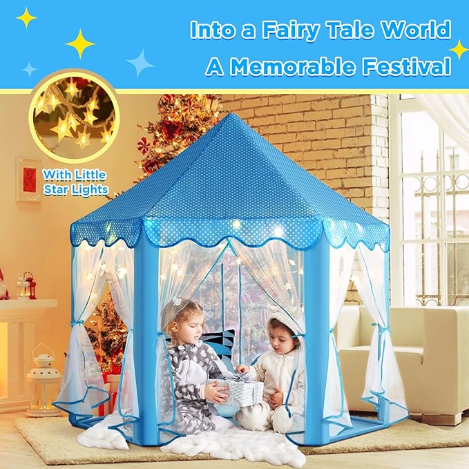 Monobeach Princess Tent Girls Large Playhouse Kids Castle Play Tent with Star Lights Toy for Children Indoor and Outdoor Games, 55'' x 53'' (DxH) (Blue Prinecss Tent with Little Star Lights)
