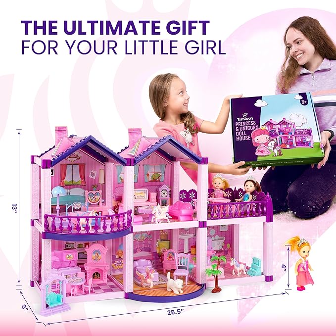 Dollhouse with 4 Princesses, 4 Unicorns, Dog, Furniture and Accessories - Pink and Purple Dream Doll House Toy for Little Girls - 5 Rooms w/Garden, Furniture and Accessories, Gift for Girls Ages 2-7