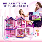 Dollhouse with 2 Princesses, 4 Unicorns, Dog, Furniture and Accessories - Pink and Purple Dream Doll House Toy for Little Girls - 5 Rooms w/Garden, Furniture and Accessories, Gift for Girls Ages 2-8