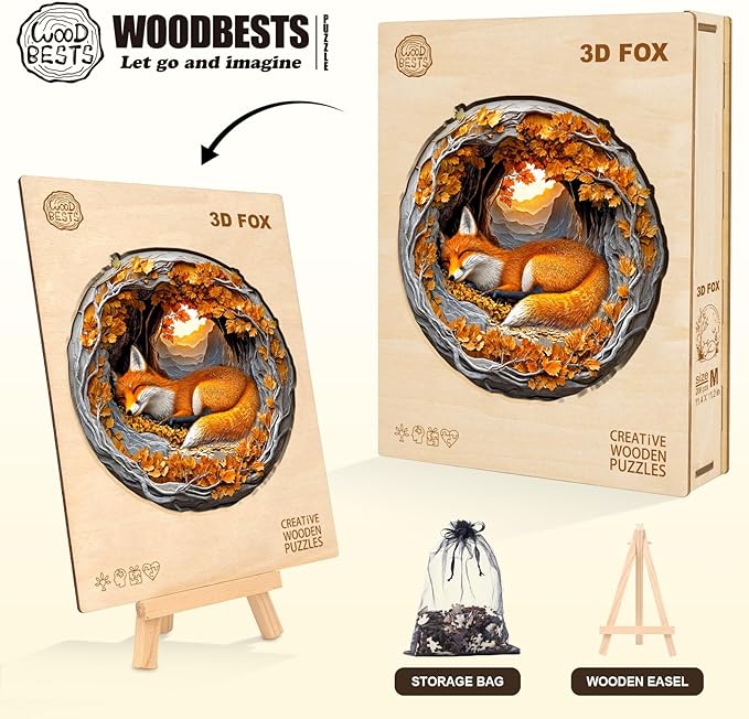 WOODBESTS Wooden Puzzles for Adults, 3D Fox Wood Puzzles Adult(270 Pieces, L, 13.4 * 13.2in), Unique Shape Wooden Animal Jigsaw Puzzles, Birthday Gifts for Adults Family Game