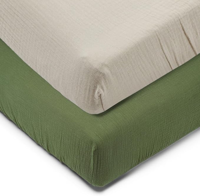 Muslin Fitted Crib Sheets for Girls & Boys-2 Pack 28"x 52" Soft Baby Mattress Sheet-No Slip Boho Neutral Breathable Toddler Cotton Bedding Olive Green & Beige