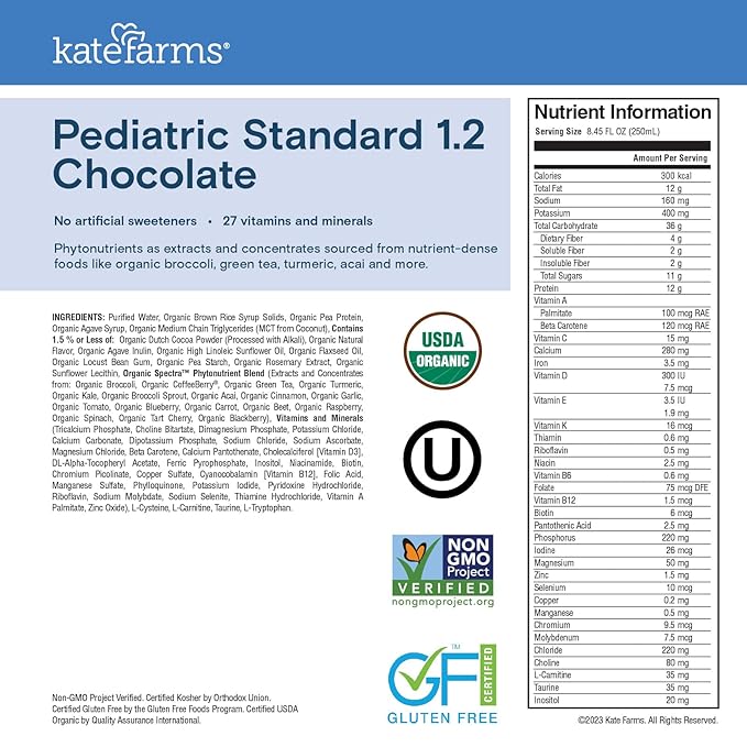 KATE FARMS Organic Pediatric 1.2 High Calorie Chocolate Nutrition Shake, 12g Protein, 27 Vitamins and Minerals, Meal Replacement, 8.45 oz (12 pack)
