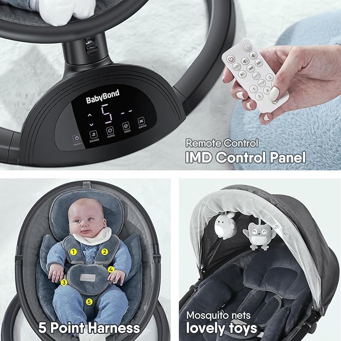 BabyBond Baby Swings for Infants, Bluetooth Infant Swing with Music Speaker, 3 Seat Positions, 5 Point Harness Belt, 5 Speeds and Remote Control - Portable Baby Swing for Indoor and Outdoor (Black)