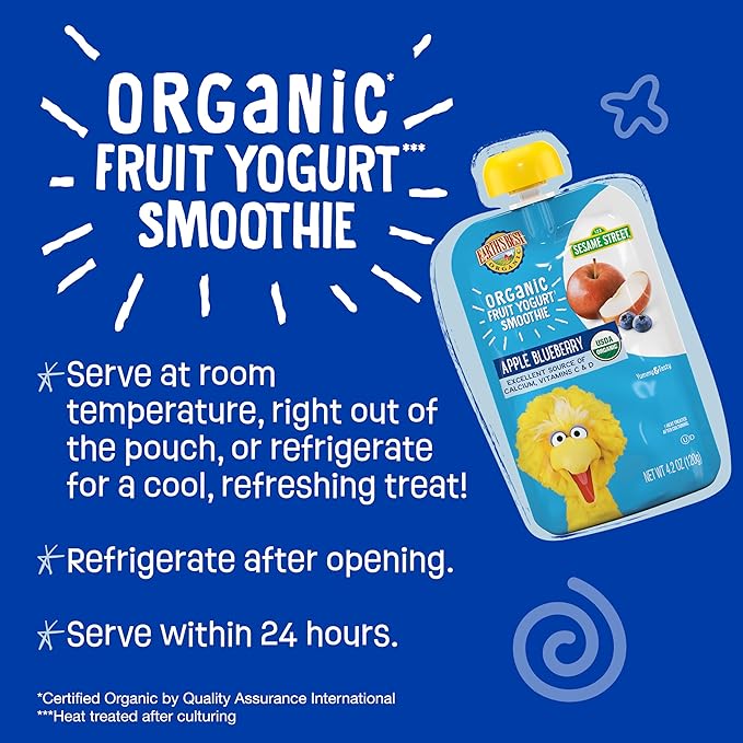 Earth's Best Organic Yogurt Smoothie Pouches, 24+ Months, Fruit Yogurt Smoothie for Toddlers 24 Months and Up, Apple Blueberry, 4.2 Ounce Resealable Pouch (Pack of 12)