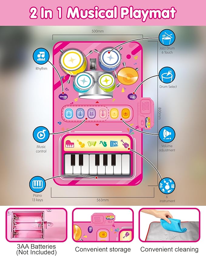 Toys for 1 Year Old Girl Gifts, Baby Musical Mat with Piano & Drum, Adjustable Volume, 12-18 Months Toddler Toys, Christmas Birthday Easter Gifts for 1-2 Year Olds Boys Girls (Pink)