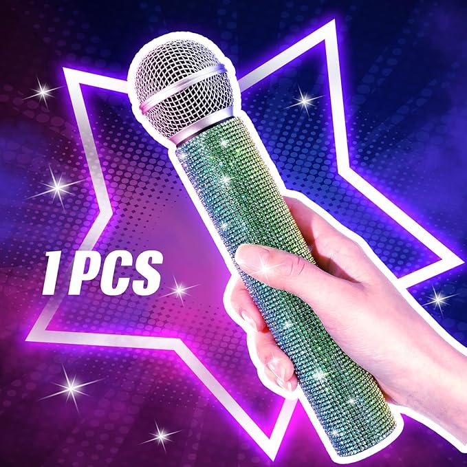 Sanwuta Fake Microphone Prop Sparkly Bling Rhinestones Plastic Play Microphone Pretend Glitter Bedazzled Mic for Cosplay Party Costume(Gradient)
