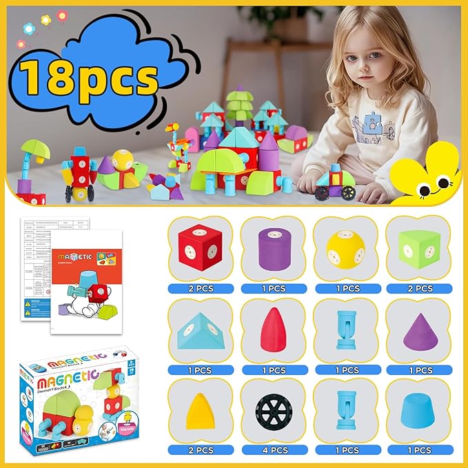 Magnetic Foam Blocks for 3 4 5 6 7 8 Toddler 18PCS Magnetic Building Blocks Sensory Toys Soft & Comfortable Travel Bath for Boys Girls