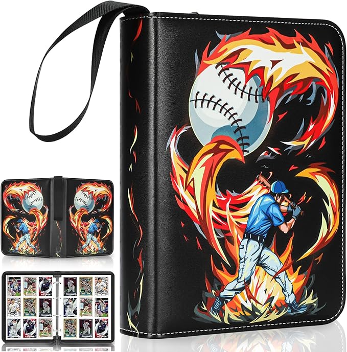 9 Pocket Baseball Card Binder Holder Fits 900 Cards with 50 Removable Sleeves, Trading Card Collection Binder Album Book Case Storage for Boys Girls Toys Gift (Flame 9 Pocket)