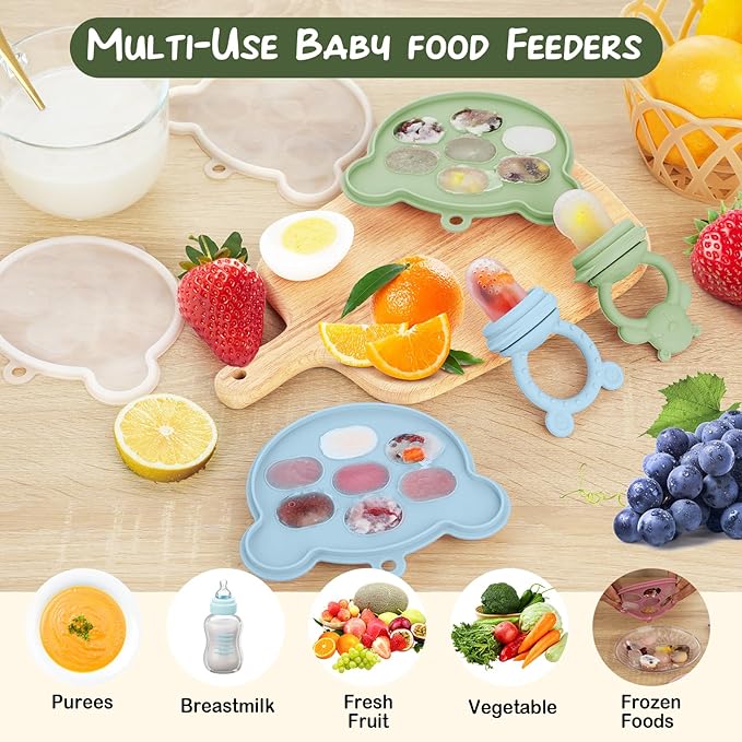 Baby Breastmilk Popsicle Molds & Baby Fruit Feeder (6 Pack), WAJIAYON Baby Food Freezer Tray Storage Containers, Silicone Teething Pacifier Feeder and Teether for Babies,Moss and Fawn Baby Feeder