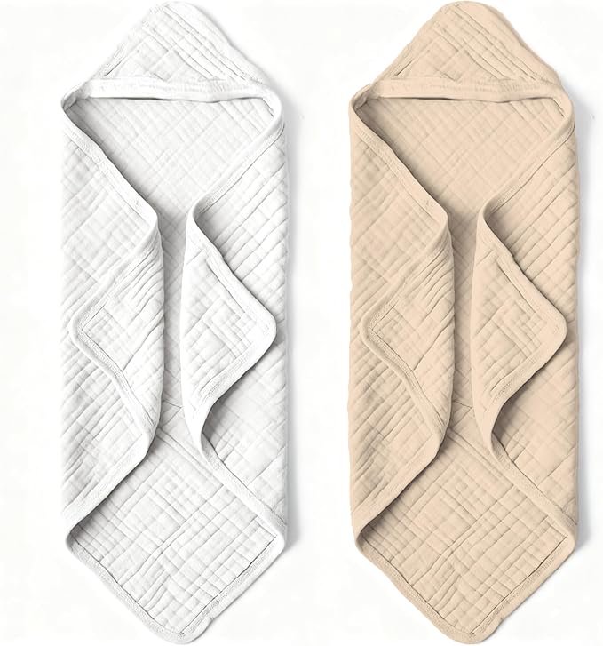 Organic Muslin Hooded Baby Bath Towels - 2 Pack 100% Organic Cotton Towel for Babies, Infants, Toddlers - 32x32Inch - Highly Absorbent and Newborn Essential(Brown Grey)