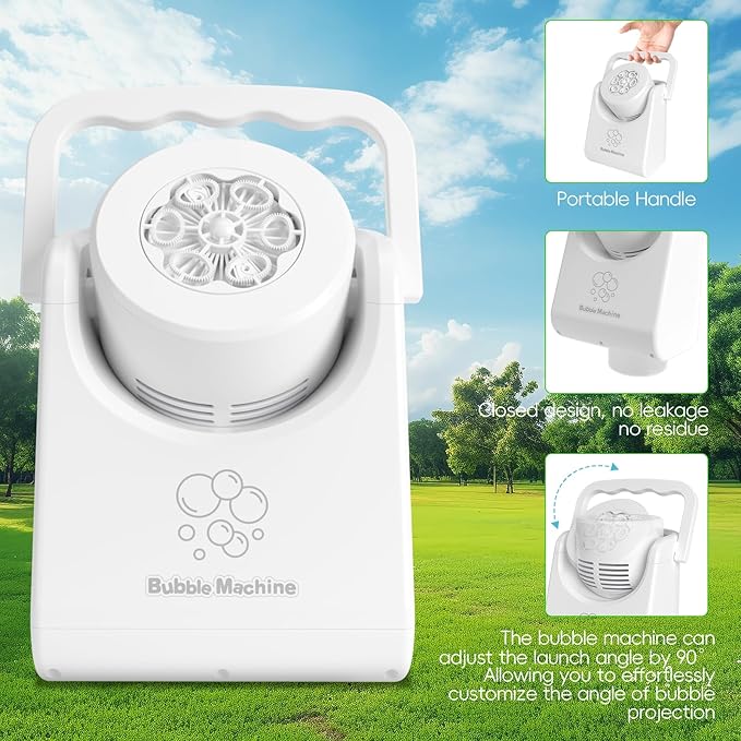 Bubble Machine Automatic Bubble Blower for Kids Batteries Operated Portable Bubble Maker Electric Bubble Machine Adjust Angle by 90° Indoor Outdoor Toy for Birthday Party Wedding (Portable White)