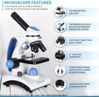 AmScope M162C-2L-PB10-WM"Awarded 2018 Best Students and Kids Microscope Kit" - 40X-1000X Dual Light All Metal Microscope with Slides and Microscope Book, Blue