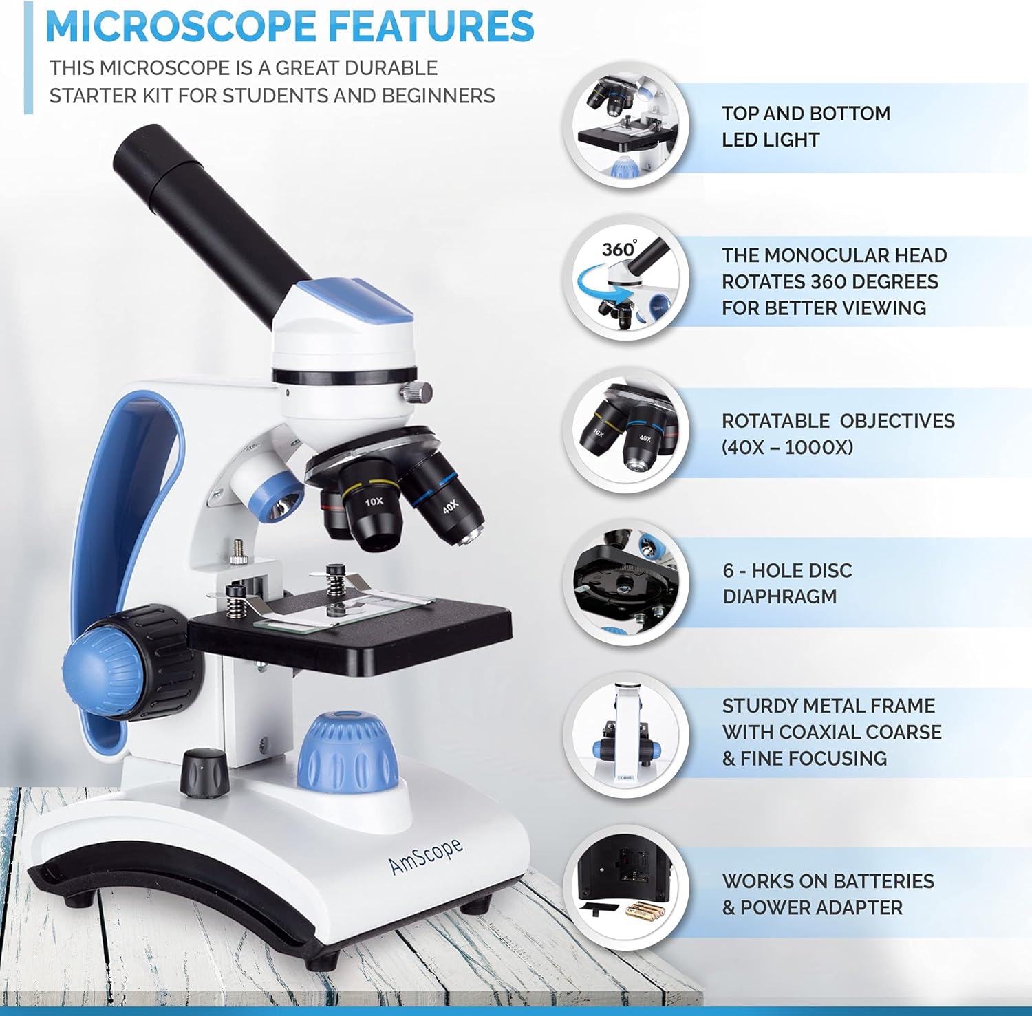AmScope M162C-2L-PB10-WM"Awarded 2018 Best Students and Kids Microscope Kit" - 40X-1000X Dual Light All Metal Microscope with Slides and Microscope Book, Blue