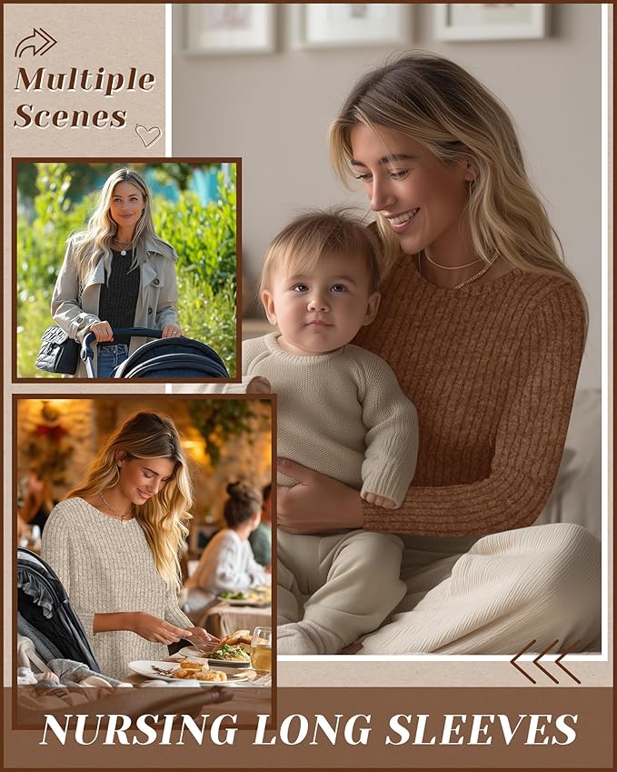 3 Pack Women's Nursing Long Sleeve Tops Breastfeeding Thermal Sweaters with Hidden Zipper Maternity Ribbed Shirts