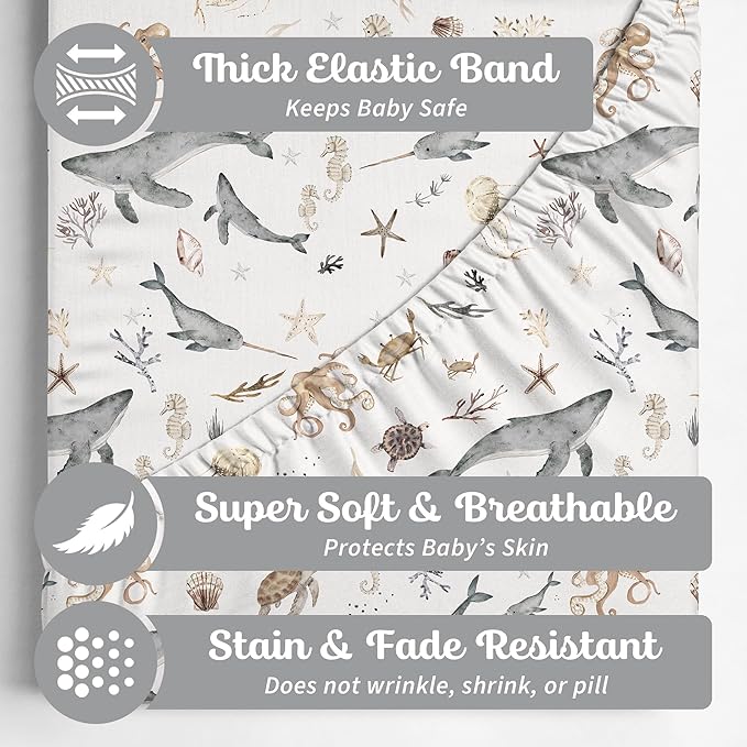 Crib Sheets Neutral - Fitted Baby Crib Sheets Bed for Girl Boy - 2 Pack Standard & Toddler Mattress (Ocean Odyssey) - Buttery Soft Organic Cotton Blend