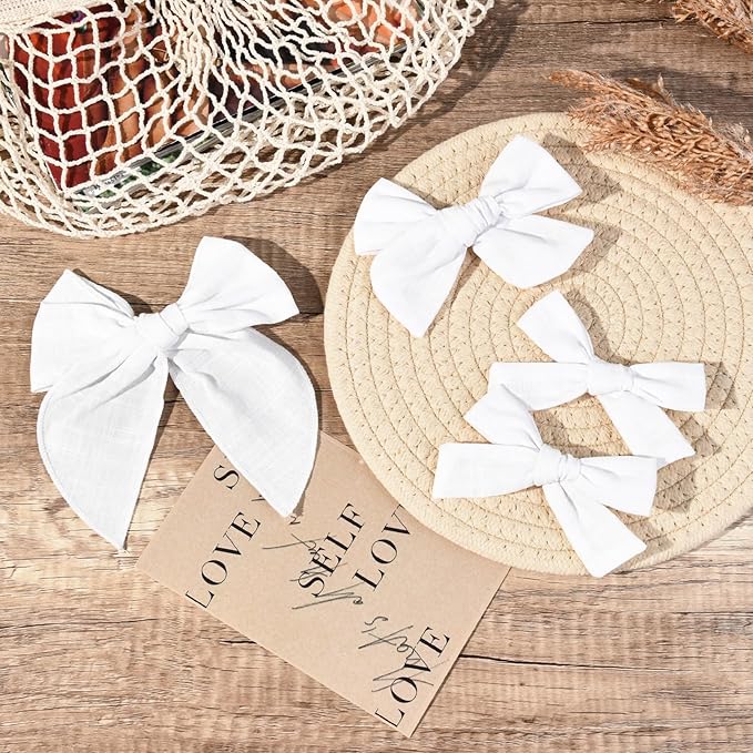 DEEKA 4 PCS White Cotton Linen Hair Bows 3 Styles 5" & 4" Handmade Hair Bow set for Toddler Girls Alligator Hair Clips Knot Bows Hair Accessories for Little School Girls (White)