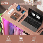 6 Drawer Dresser for Bedroom with Clothes Rack, Clothes Dresser with Side Pockets and Hooks, Charging Station & LED Lights, Wooden Top, Fabric Storage (Pink)