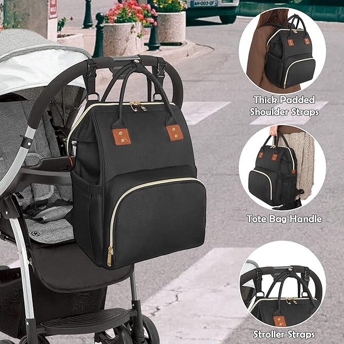 Femuar Diaper Bag Backpack Multifunction Maternity Nappy Baby Bag for Girls & Boys Large Capacity Travel Diaper Bags Dark Black