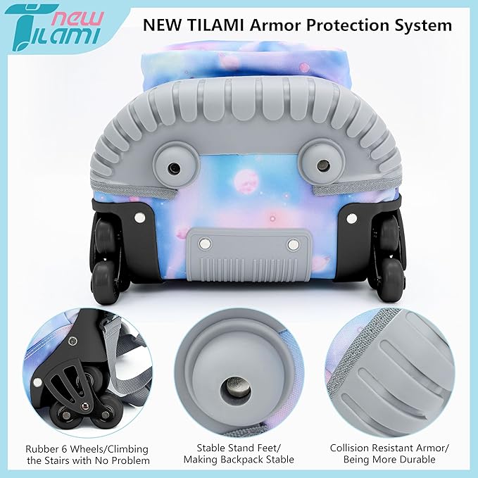 NEW TILAMI 18 inch Kids Rolling Backpack for School with Big Storage, Waterproof, Adjustable Handle - Perfect for Girls & Boys, Blue Star