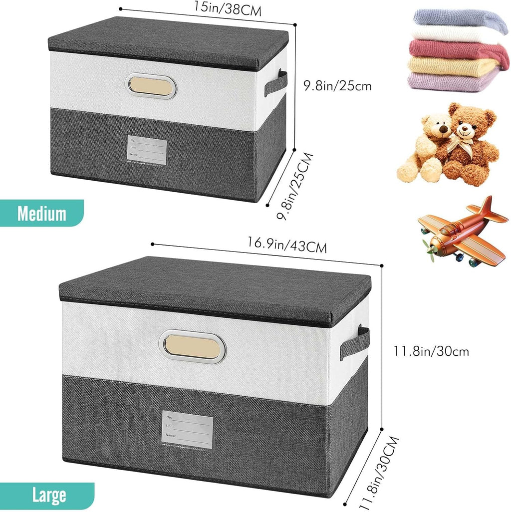 Large Linen Fabric Foldable Storage Bins with Removable Lid and Handles, Washable Storage Box Organizer Containers Baskets Cube with Cover for Bedroom,Closet,Office (Turquoise&Cream, Large)