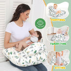 Nursing Pillow for Breastfeeding, Breastfeeding Essentials for Newborn, More Support for Mom and Baby, with Adjustable Waist Strap and Removable Cotton Cover (Green Leaves)