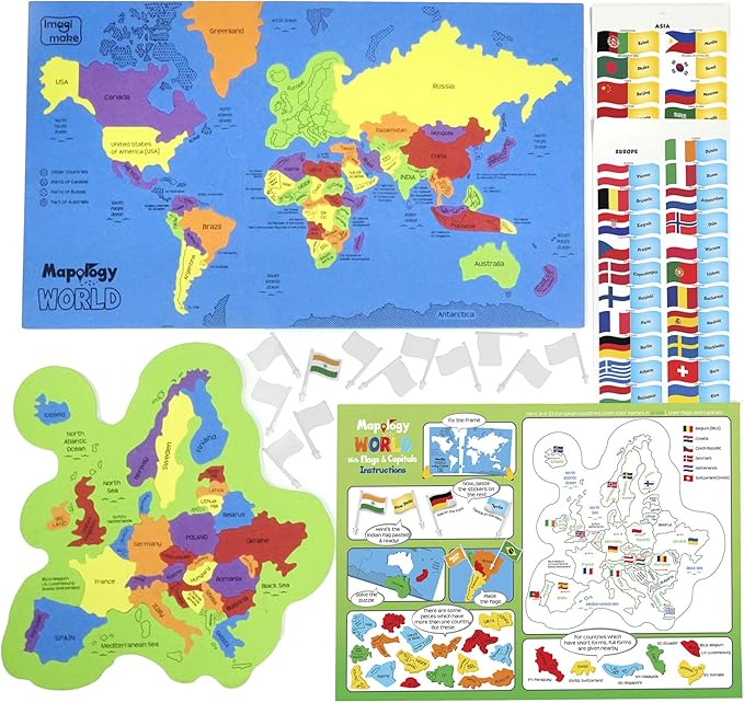 Imagimake Mapology USA & World Map Puzzle with Flags, Capitals, Stickers | Educational Toys for Ages 5-7 | Jigsaw Puzzles for Kids Ages 8-10 | Geography Toys for Ages 8-13 | 6 Year Old Boy/Girl Gifts