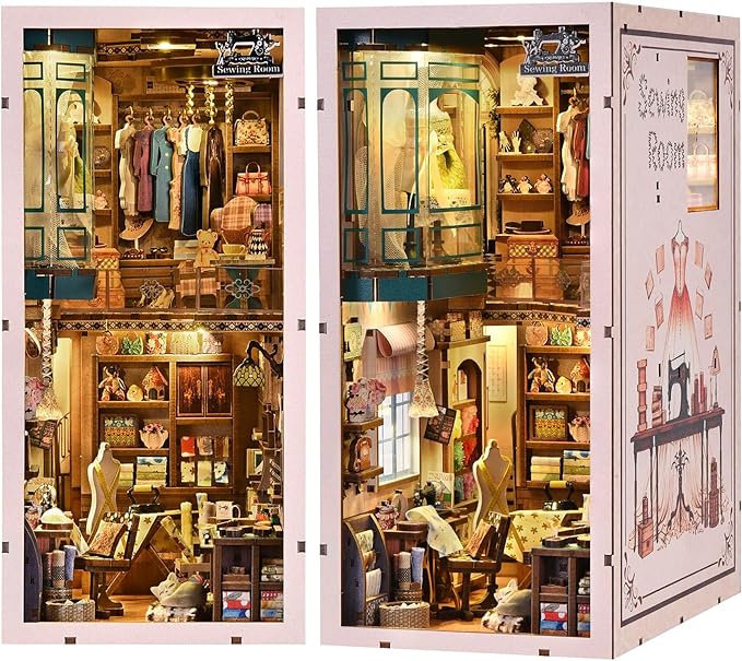 Book Nook Kit - Sewing Room DIY Miniature House Dollhouse Kit for Adults and Teens, Booknook Tiny House Bookshelf Decor 3D Wooden Puzzle, Gifts for Family and Friends