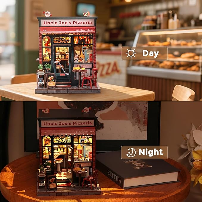 CUTEBEE Book Nook Kit - DIY Miniature House Dollhouse Kit for Adults and Teens, Booknook Tiny House Pizza Shop Bookshelf Decor 3D Wooden Puzzle, Gifts for Family, Friends (Uncle Joe's Pizzeria)