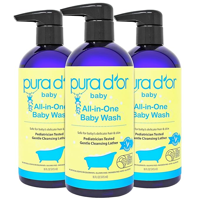 PURA D'OR All-in-One Baby Wash (16 Oz x3 = 48 Oz) USDA Biobased, Zero Sulfates, No Artificial Scents, Tear-Less, Hypoallergenic, Gentle, Calming 2-in-1 Baby Bath Wash & Shampoo
