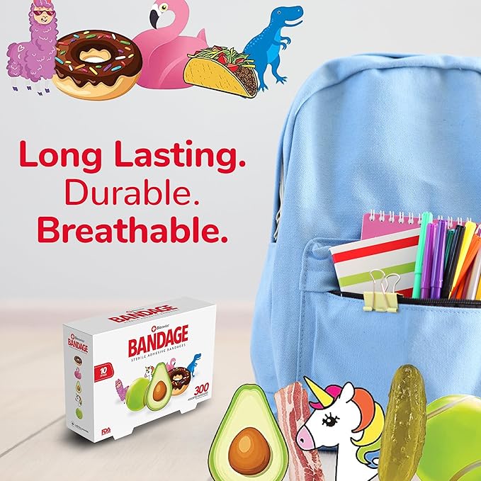 BioSwiss Bandages, Assorted Animal, Fun, and Food Shaped Self Adhesive Bandage, Latex Free Sterile Wound Care, 300 Count