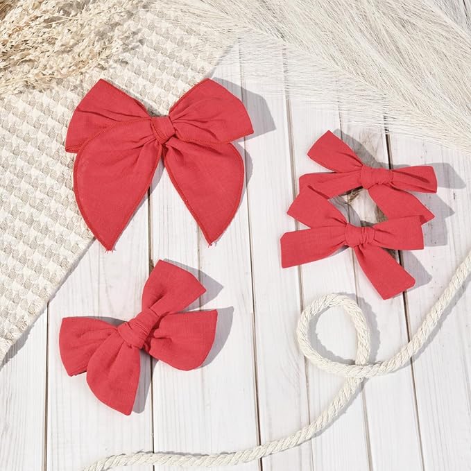 DEEKA 4 PCS Red Cotton Linen Hair Bows 3 Styles 5" & 4" Handmade Hair Bow set for Toddler Girls Alligator Hair Clips Knot Bows Hair Accessories for Little School Girls (Red)