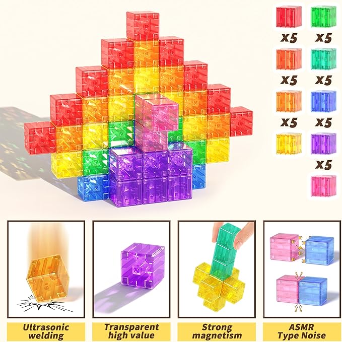 45PCS Magnetic Blocks - Transparent Magnet Cubes, Toddler Building Blocks, Sensory Autism Gifts for Kids Ages 3+, Preschool Travel Toys for 3-5 Year Old Boys and Girls
