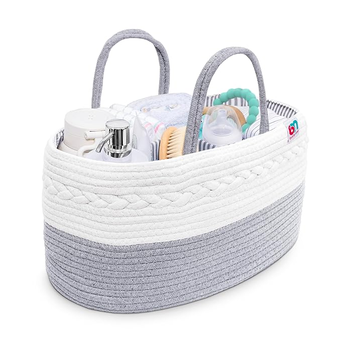 Rope Diaper Caddy - Storage for Baby and Toddler Items - Portable Cotton Organizer Easily Holds Diapers, Wipes, Clothing - Useful for Nursery, Bedroom (Gray, Regular)