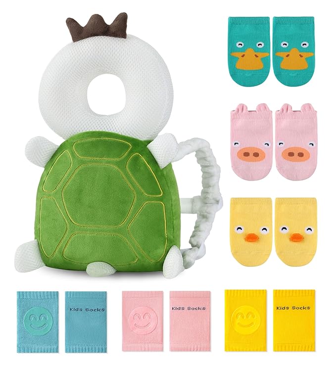 JunNeng Toddler Baby Head Protector Backpack for Toddler Walker with Knee Pads&Anti-Slip Socks, Turtle