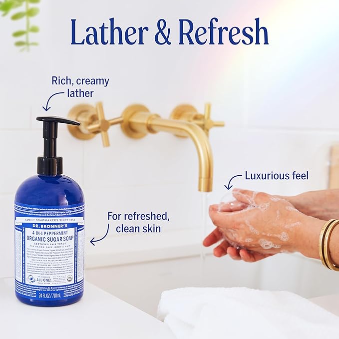 Dr. Bronner's Organic Sugar Soap (Peppermint, 64 Ounce)- Made with Organic Oils, Sugar & Shikakai Powder, 4-in-1 Uses: Hand and Body Wash, Face, Hair- Cleanses, Moisturizes, Nourishes, Vegan