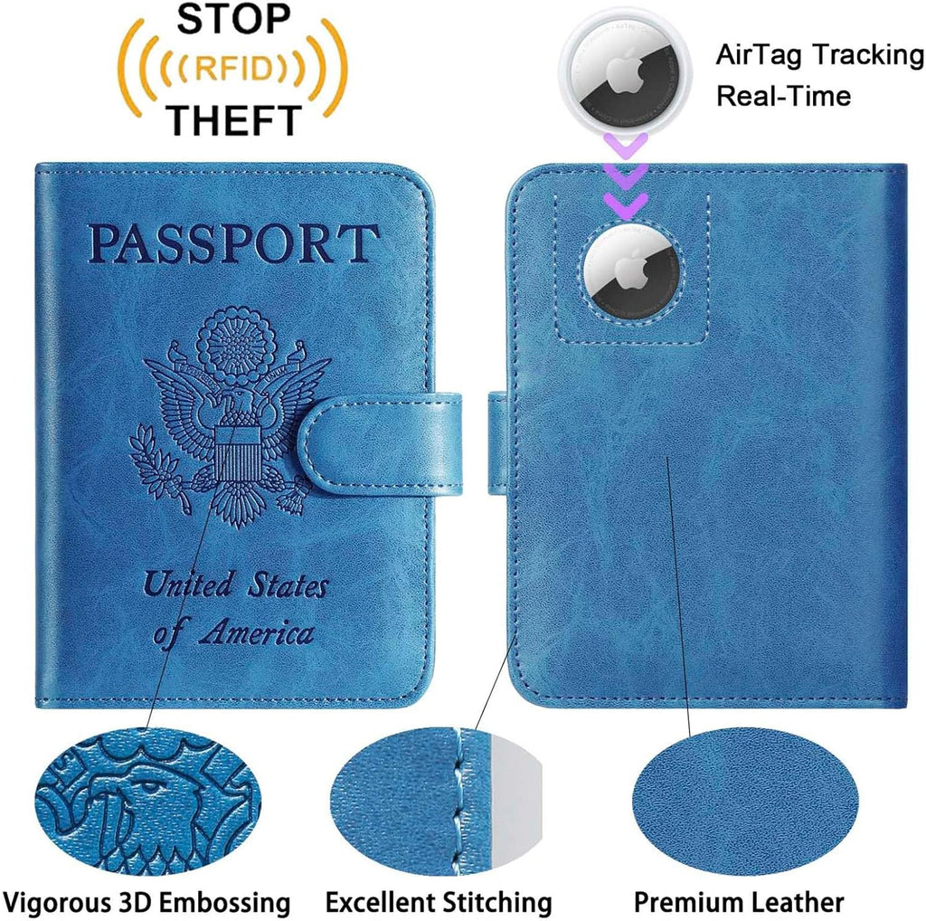 Airtag Passport Holder Cover Wallet RFID Blocking Leather Case Travel Essentials Luggage Accessories Travel Must Have(118#Blue)