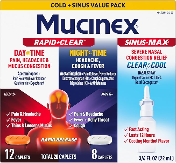 Mucinex Rapid+Clear Maximum Strength Day & Night Cold and Flu Medicine for Adults (20 caplets) + Sinus Pressure Relief Nasal Spray (0.75 oz), Over-The-Counter Medication Combo Pack for Symptom Relief