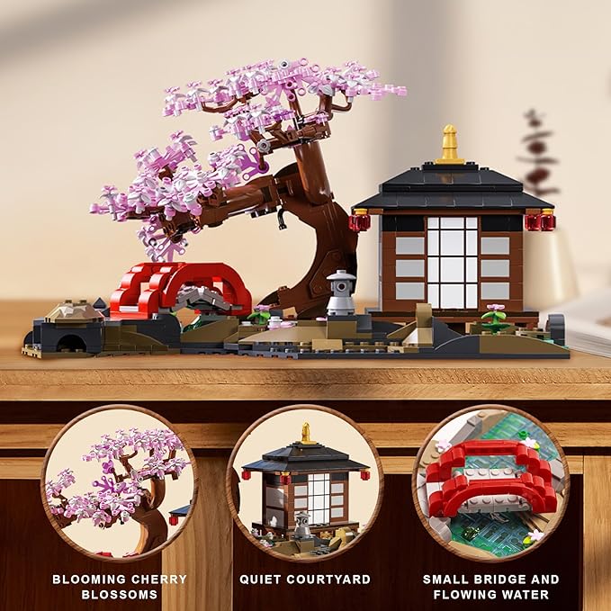 Japanese Garden Building Set, Cherry Blossom Bonsai Tree House Building Block for Adults Japanese Tranquil Garden for Home and Office Decoration Set (916 PCS)