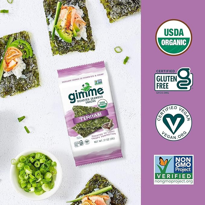 Gimme Seaweed Organic Premium Roasted Seaweed Snacks, Teriyaki, 20 Count, Keto, Vegan, Gluten-Free, Great Source of Omega3s and Iodine, Healthy On-The-Go Snack for Kids and Adults