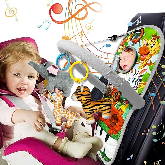 Car Seat Toys for 6-12 Months - Musical Pedal Piano with Baby Mirror, Squeaky Sensory Soft Animal Toys for Rear Facing Carseats