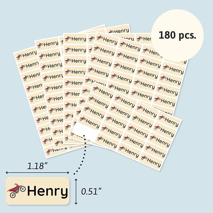 Personalized Name Labels for Kids (180) – Custom Waterproof & Durable Stickers for Clothing, Daycare, Office & School Supplies - Motor