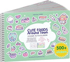 Girly Sticker Book Activity for Kids, Cute Foods Around Town by Cupkin, Toddler Airplane Travel Essentials, 500+ Stickers for Kids 12 Scenes + Coloring Book Pages, Crafts Ages 2-8