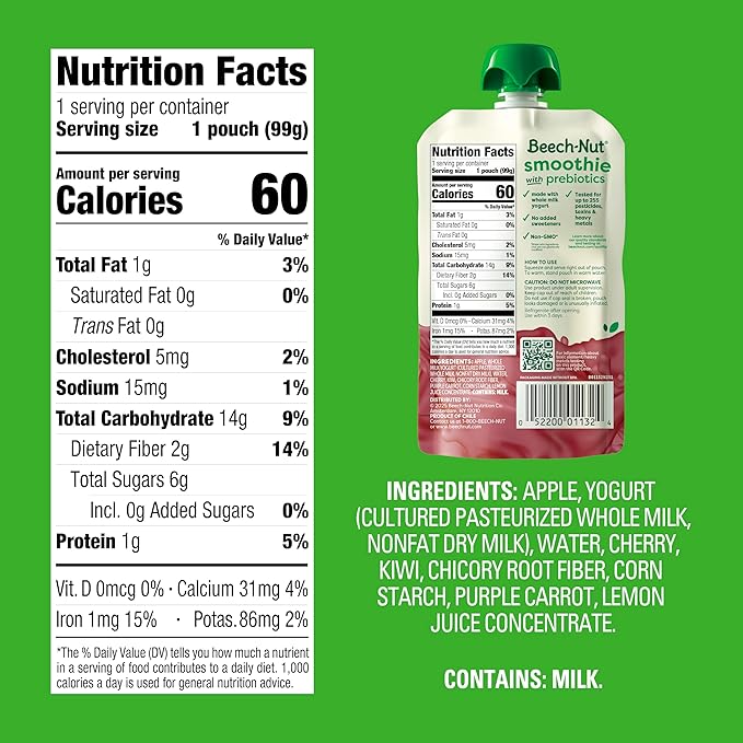 Beech-Nut Toddler Smoothies Variety Pack, Yogurt Smoothies with Prebiotics, Baby & Toddler Food Pouches, 3.5 oz (18 Pack)