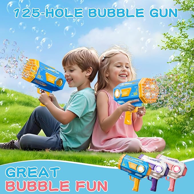 BOMOCO Bubble Gun,125 Holes Bubble Machine Bubbles for Kids Age 3-12,Bubble Blaster Gun with Bubble Solution Summer Outdoor Bubble Toys Birthday Wedding Halloween Party Favors Gifts Bubble Maker,Blue